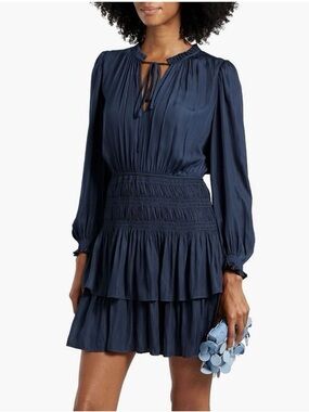 Maje Tiered Crepe de Chine Satin Ruffled Mini Navy Blue Dress - Size FR 38 US M